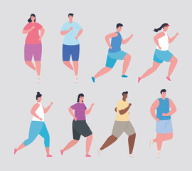 group people marathoners, women and men with sport clothes, marathoners people race poster, healthy lifestyle and sport vector illustration design