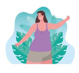 cute plump woman, with tropical leaves scene, summer season vector illustration design