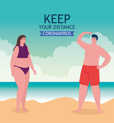 social distancing on the beach, couple keep distance, new normal summer beach concept after coronavirus or covid 19 vector illustration design