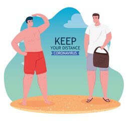 social distancing on the beach, men keep distance, new normal summer beach concept after coronavirus or covid 19 vector illustration design