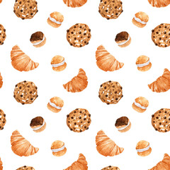 Bright seamless pattern with fresh pastries. Croissants, profiteroles and cookies.
Watercolor hand-drawn illustration. Perfect for textile, fabrics, wrapping paper, linens, invitations and cards.
