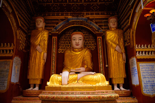 MONYWA, MYANMAR - AUG 27, 2016: Buddha statues in the Thambuddhe Pagoda Complex (Sambuddhe), one of the famous pagodas in Monywa of Sagaing Region.