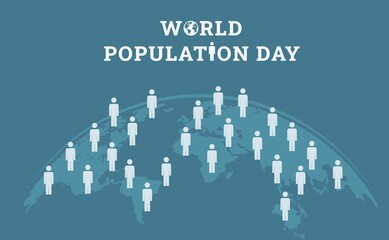 World Population Day background design with world map and people icon above it. Flat style vector illustration of awareness global population issues for international event poster and banner.