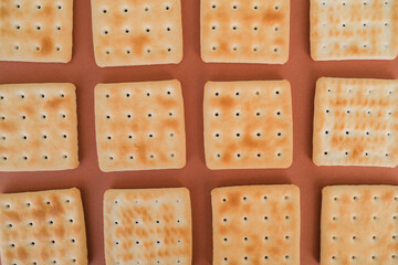 Crackers texture. Snacks concept. Food background. Knolling, food flatlay background.
