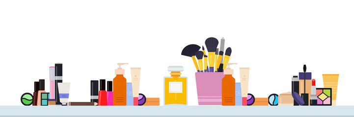A table with a set of makeup and makeup tools vector illustration in a flat design.