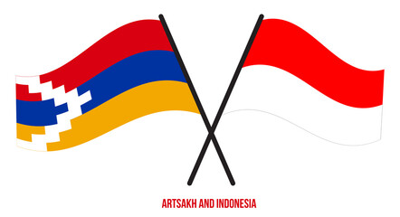 Artsakh and Indonesia Flags Crossed And Waving Flat Style. Official Proportion. Correct Colors.