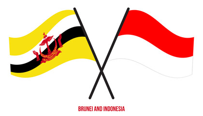 Brunei and Indonesia Flags Crossed And Waving Flat Style. Official Proportion. Correct Colors.