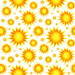 Sunny seamless pattern. Yellow sun, summer bright hand-drawn pattern. The fiery rays of the sun. Children's illustration. Isolated on a white background.