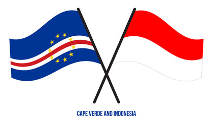 Cape Verde and Indonesia Flags Crossed And Waving Flat Style. Official Proportion. Correct Colors.