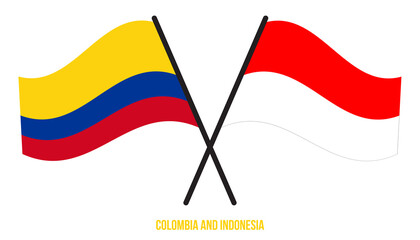 Colombia and Indonesia Flags Crossed And Waving Flat Style. Official Proportion. Correct Colors.