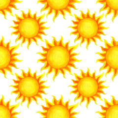 Sunny seamless pattern. Hand drawn sun. Isolated on a white background..Children's, summer, hot sunny pattern.