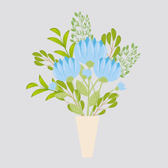 flowers blue color in vase, branches with leaves, nature decoration vector illustration design