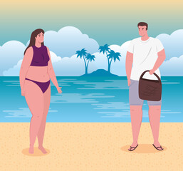 young couple on the beach, guy and his girlfriend in the beach, summer vacation season vector illustration design