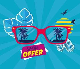 summer sale banner, season discount poster with glasses and tropical leaves, invitation for shopping with special offer label, special offer card vector illustration design