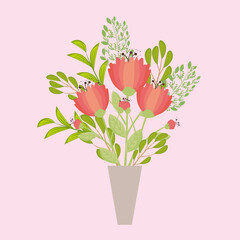 flowers red color in vase, branches with leaves, nature decoration vector illustration design