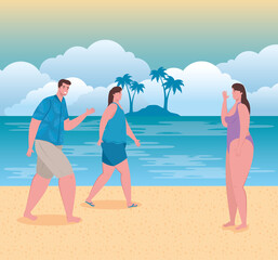 beach with people, women and man on the beach, summer vacations and tourism concept vector illustration design