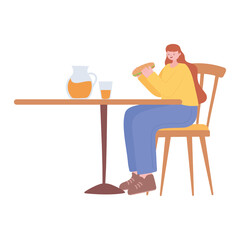 Fototapeta premium restaurant social distancing, woman eating alone in table, covid 19 pandemic, prevention of coronavirus infection