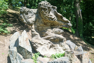 Stone sculpture of Krakonosch near the Deer Ravine in Prague, Czech Republic