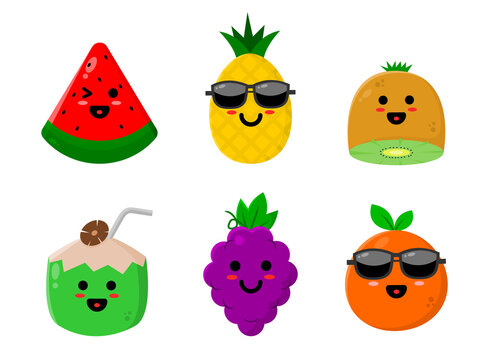 Funny cute summer fruits character set