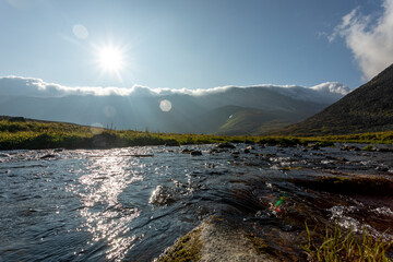 Mountain landscape, large panorama, Subpolar Urals. Beautiful landscape. The concept of outdoor activities and tourism.