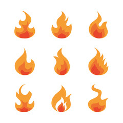 fire flame burning hot glow flat design icons set
