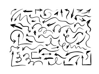 Black hand drawn arrows vector set. Grunge sketch arrows pointing in different directions. Hand drawn doodle elements isolated on white background. Pencil sketch symbols. Arrow icons, clip arts.