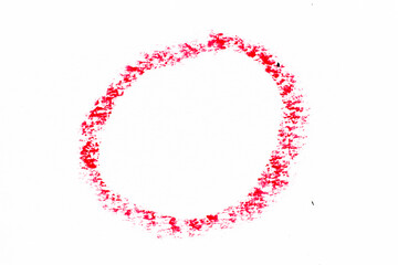 Red color oil pastel drawing in circle or round shape on white paper background