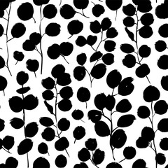 Eucalyptus leaves and branches vector seamless pattern. Brush leaves and twigs. Black branch modern ornament. Black ink texture with foliage. Hand drawn eucalyptus, laurel twig. Abstract plant motif