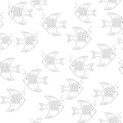 Seamless pattern fishes Line art Black on white background Illustration doodle Monochrome Underwater world Hand drawn Sketch for Web, Wallpapers, Fabric Textile Paper Invitation Greeting card other.