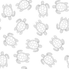 Seamless pattern turtles Line art Black on white background Illustration doodle Monochrome Underwater world Hand drawn Sketch for Web, Wallpapers, Fabric Textile Paper Invitation Greeting card other.