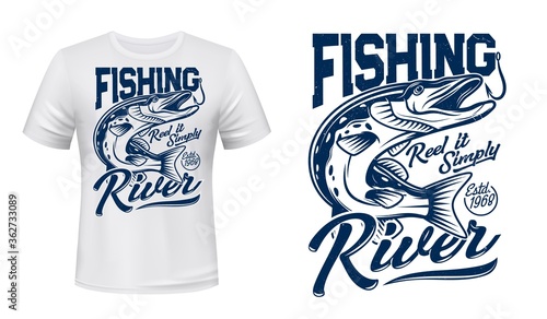Download Pike Fish T Shirt Print Vector Mockup Huge Pike Fish Opens A Jaws To Catch Fishhook Or Bait And Typography River Fishing Hobby Or Sport Apparel Clothing Custom Print Design Wall Mural Vector