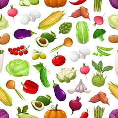 Farm vegetables and greenery seamless pattern. Vector avocado, asparagus, chili and bell pepper, eggplant, cucumber, onion, garlic and cabbage, radish. Fresh ripe veggies harvest on white background