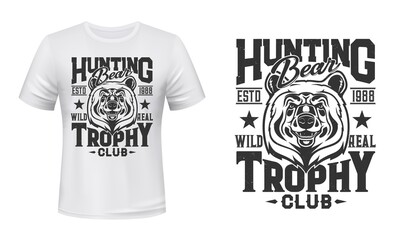 Wild grizzly bear t-shirt custom print vector mockup. Grizzly bear muzzle, dangerous predator head as hunting trophy. Hunting club member, hunter apparel custom design, retro print template