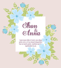 greeting card with flowers blue color, wedding invitation with blue color and branches with leaves decoration vector illustration design