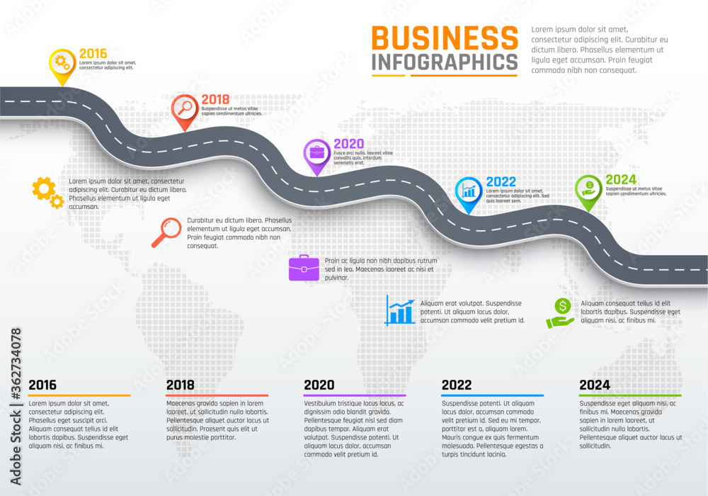 Poster Business infographics, stages of road or pathway, development per year. Vector infographics report with graphs and diagrams on road chart. Development and growth with map pointers