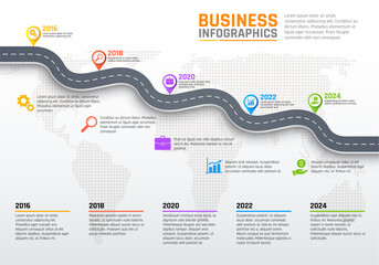 Business infographics, stages of road or pathway, development per year. Vector infographics report with graphs and diagrams on road chart. Development and growth with map pointers © Vector Tradition