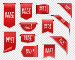 Best price red ribbons and banners, web design elements. Realistic vector ribbons, corners, 3d labels. Discount silk promotional event banners, shopping tags and best price badges - obrazy, fototapety, plakaty
