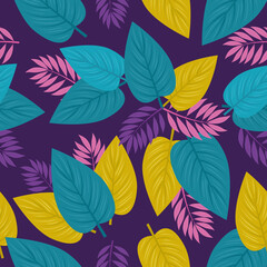 Fototapeta na wymiar tropical background, leaves purple, pink and green colors, decoration with tropical leaves vector illustration design