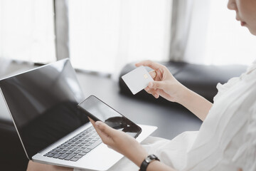 Female hands holding credit card and using laptop for online shopping.