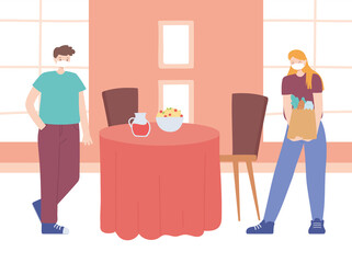 man and woman characters wearing medical face mask maintain social distancing to prevent covid 19 coronavirus