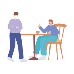 restaurant social distancing, woman with coffee cup and man with medical mask, covid 19 coronavirus