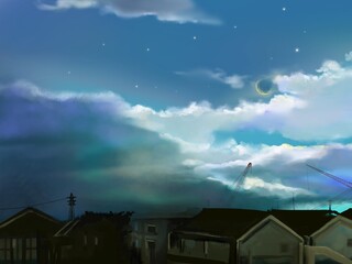 beautiful starry night sky and calm city landscape