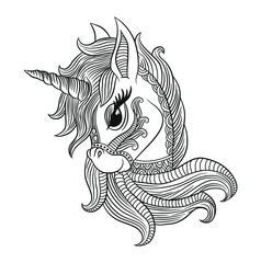 Coloring page of unicorn. Colorless and color samples for adult antistress coloring book cover.