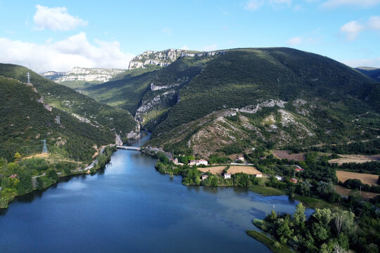 Aerial view of El Sobron lake and Ebro river canyon in Burgos, Castilla y Leon, Spain. High quality photo