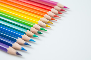 Pattern of Colorful  Many colored pencils on a white background and copy space