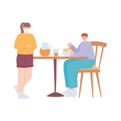 restaurant social distancing, distance to protect people from coronavirus during food, covid 19 pandemic