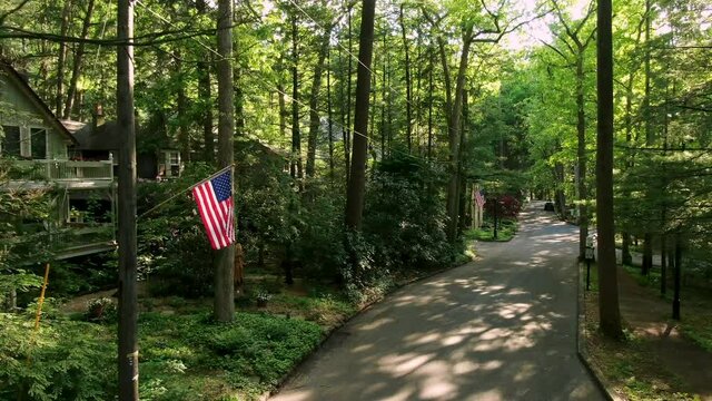 Aerial, American Flags along empty street, cottages in woods during summer sunlight among tall trees, patriotic theme