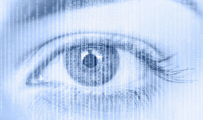 Close up of girl eye with binary code
