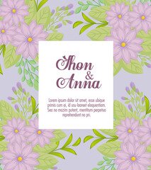 greeting card with flowers purple color, wedding invitation with flowers purple color with branches and leaves decoration vector illustration design