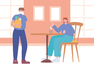 restaurant social distancing, visitors are located at a safe distance, covid 19 pandemic, prevention of coronavirus infection